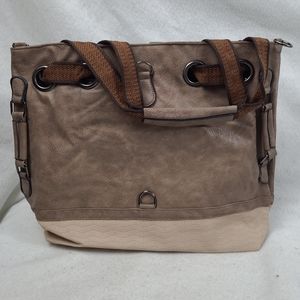 Large Faux Leather brown & tan Shoulder Bag with extra adjustable strap. New.